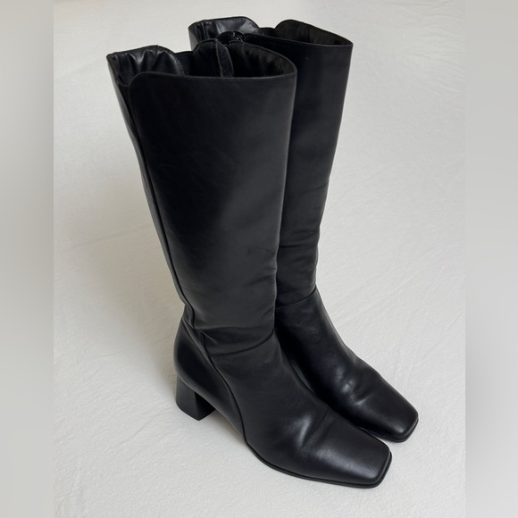 Vintage Y2K Black Leather Knee High Boots Size 8.5 Chunky Heel Side Zip Retro - Picture 1 of 16